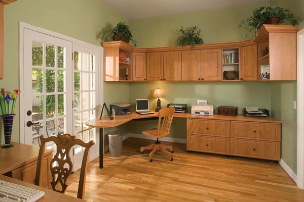 Built-in home office storage system with matching desk