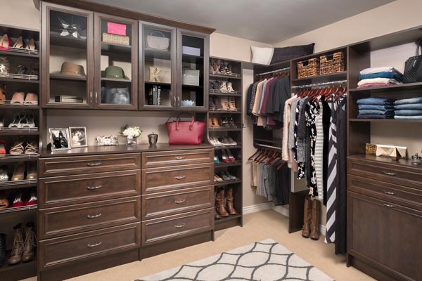 Rich dark brown walk-in closet system with woman’s clothing