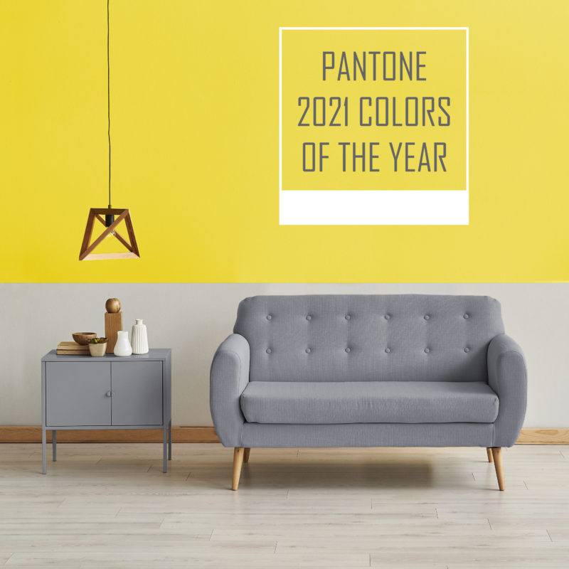 Modern yellow white wall yellow sofa with wooden lamp decor. Gre