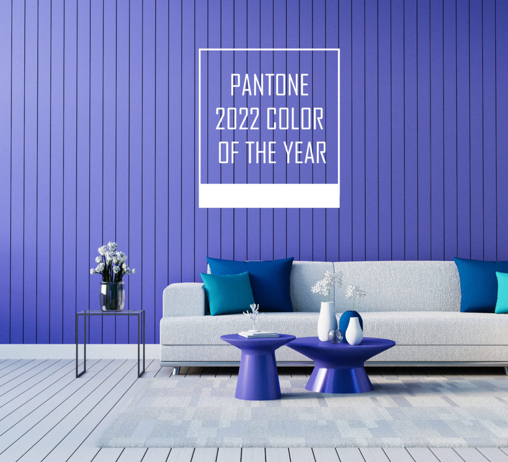Purple Blue wall living room interior 2022 very peri – 3D render